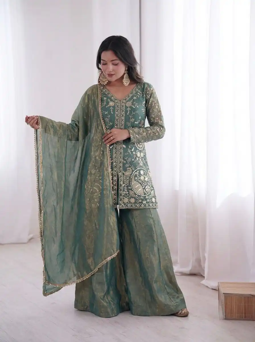 JF 043 Teal Pure Fendy Silk Salwar Suitwith Embroidery Work & Sequins Work. Exclusive Offer ₹1940. Delivery 4-6 Working Days. Shop now. | Jump Suits, Straight Suits, Casual Suits, Creative suits, Designer Suits, Palazzo Suits, Party Wear Suits, Patiala Suits, Salwar suit