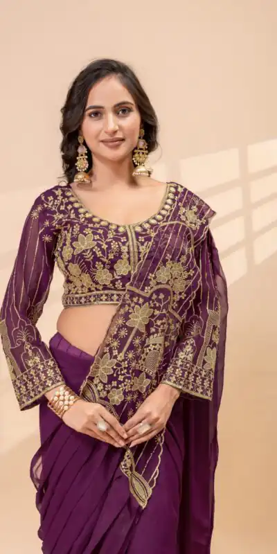 ST 1172 Wine Faux Georgette Saree with Embroidery Work & Bead Work. Now at just ₹1849. Delivery 4-6 Working Days. Shop now. | Bollywood Sarees, Creative Sarees, Designer Sarees, Embroidered Sarees, Ethnic Saree, Modern Digital sarees, Party Wear Sarees, Sarees