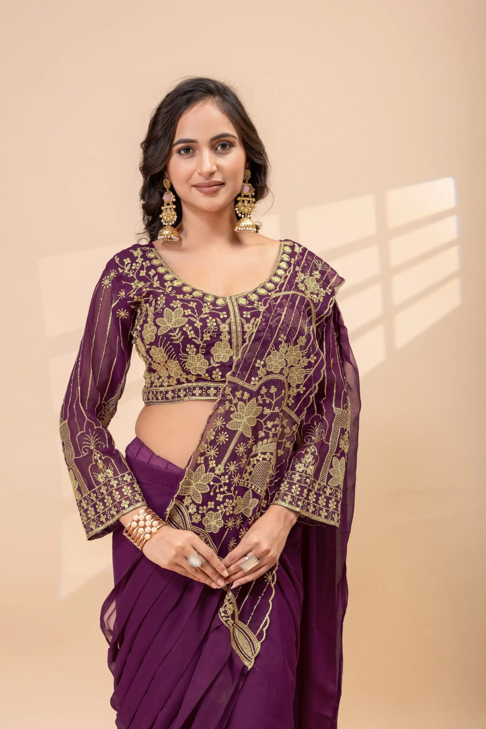 ST 1172 Wine Faux Georgette Saree with Embroidery Work & Bead Work. Now at just ₹1849. Delivery 4-6 Working Days. Shop now. | Bollywood Sarees, Creative Sarees, Designer Sarees, Embroidered Sarees, Ethnic Saree, Modern Digital sarees, Party Wear Sarees, Sarees