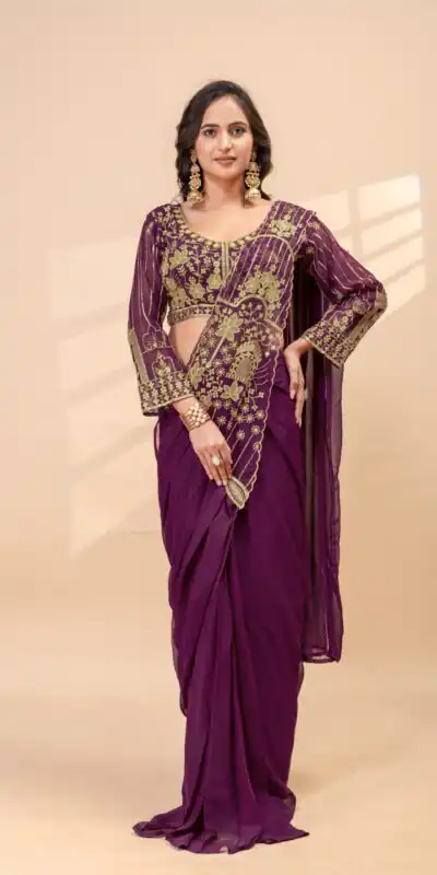 ST 1172 Wine Faux Georgette Saree with Embroidery Work & Bead Work. Now at just ₹1849. Delivery 4-6 Working Days. Shop now. | Bollywood Sarees, Creative Sarees, Designer Sarees, Embroidered Sarees, Ethnic Saree, Modern Digital sarees, Party Wear Sarees, Sarees