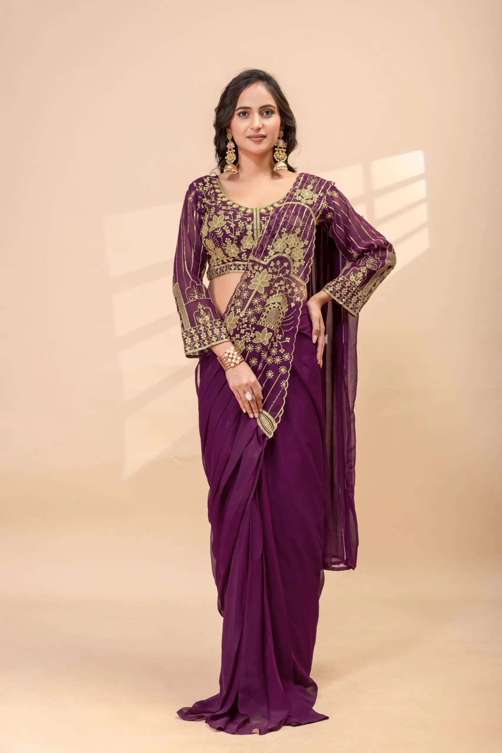 ST 1172 Wine Faux Georgette Saree with Embroidery Work & Bead Work. Now at just ₹1849. Delivery 4-6 Working Days. Shop now. | Bollywood Sarees, Creative Sarees, Designer Sarees, Embroidered Sarees, Ethnic Saree, Modern Digital sarees, Party Wear Sarees, Sarees