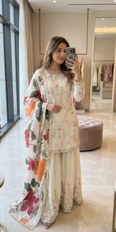 Embroidery Work & Sequins Work Salwar Suit WW 1215 Off White in Off White Cinon Silk. Now at just ₹2149. Delivery 4-6 Working Days. Shop now. | Jump Suits, Straight Suits, Casual Suits, Creative suits, Designer Suits, Palazzo Suits, Party Wear Suits, Patiala Suits, Salwar suit