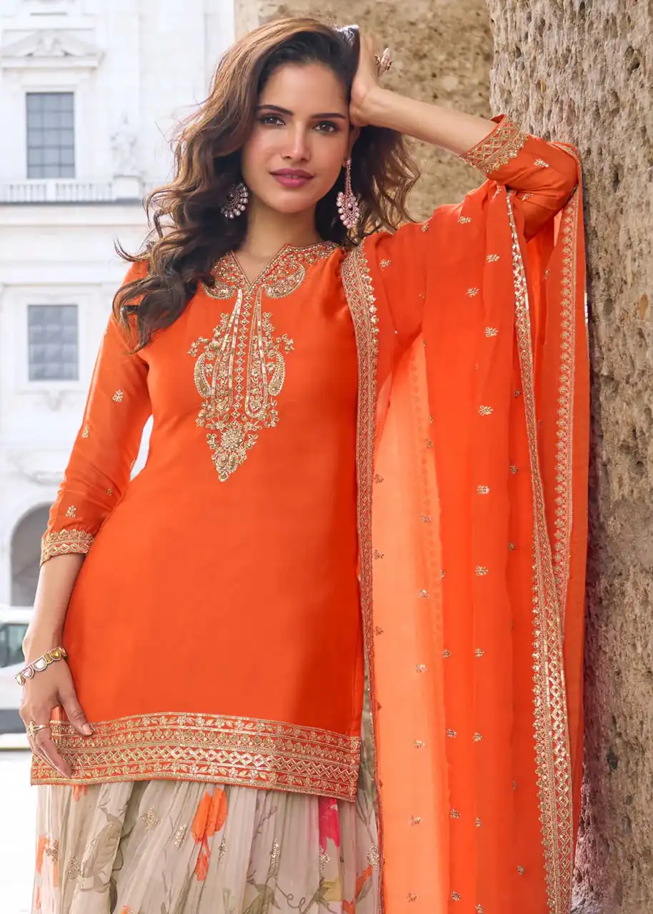 ZC KIARA Orange Chinon Silk Salwar Suit with Embroidery Work & Sequins Work. Grab it for ₹2399. Delivery 4-6 Working Days. Shop now. | Jump Suits, Straight Suits, Casual Suits, Creative suits, Designer Suits, Palazzo Suits, Party Wear Suits, Patiala Suits, Salwar suit