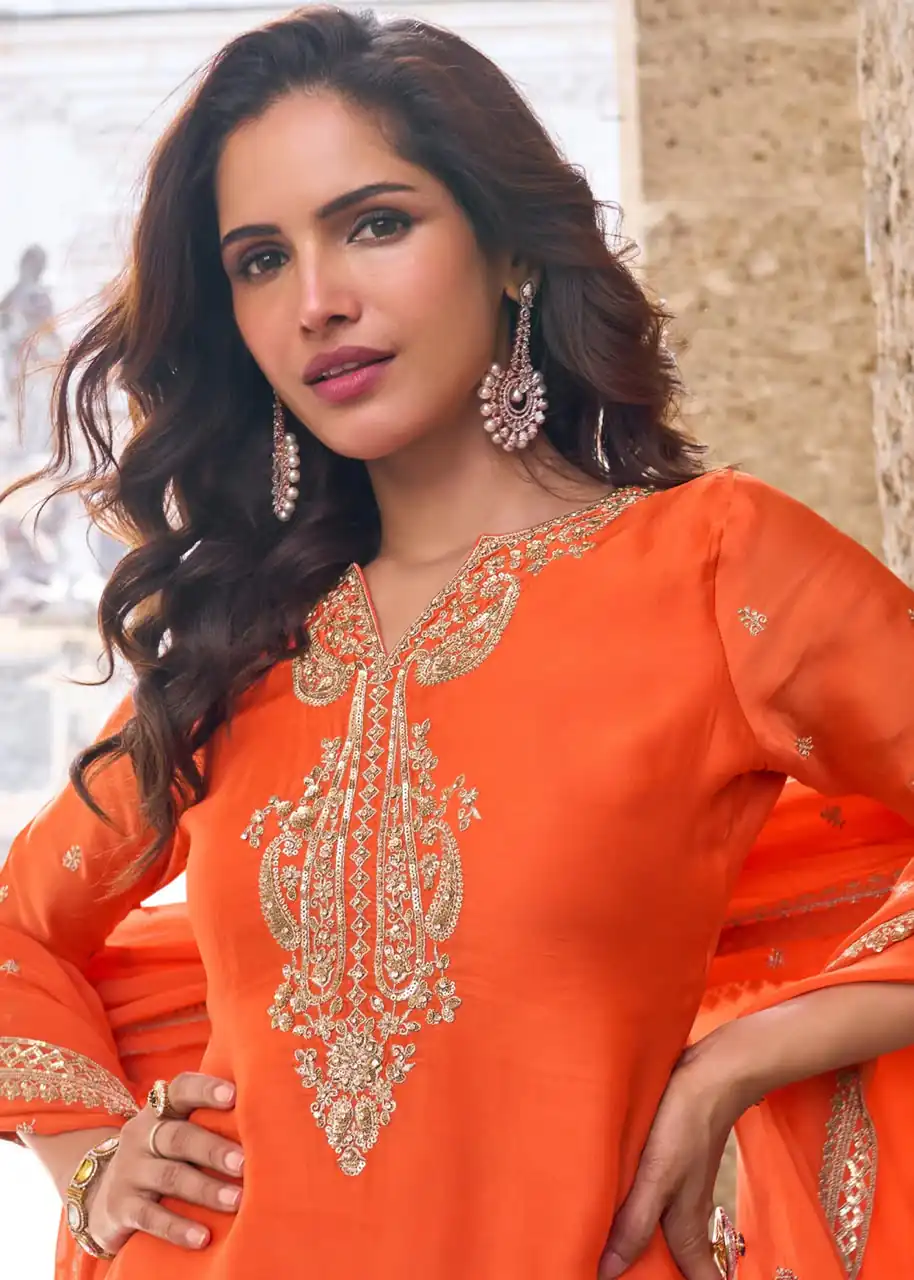 ZC KIARA Orange Chinon Silk Salwar Suit with Embroidery Work & Sequins Work. Grab it for ₹2399. Delivery 4-6 Working Days. Shop now. | Jump Suits, Straight Suits, Casual Suits, Creative suits, Designer Suits, Palazzo Suits, Party Wear Suits, Patiala Suits, Salwar suit