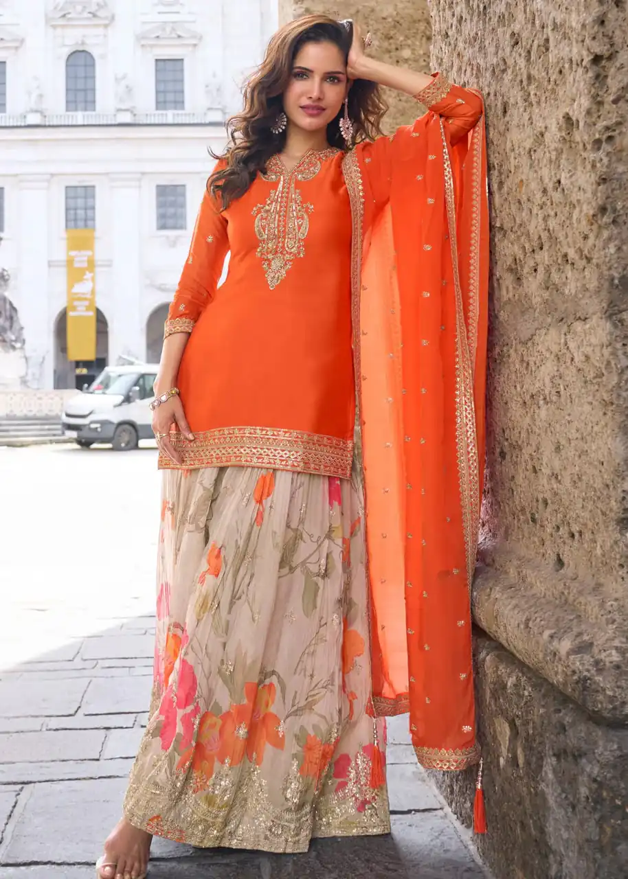 ZC KIARA Orange Chinon Silk Salwar Suit with Embroidery Work & Sequins Work. Grab it for ₹2399. Delivery 4-6 Working Days. Shop now. | Jump Suits, Straight Suits, Casual Suits, Creative suits, Designer Suits, Palazzo Suits, Party Wear Suits, Patiala Suits, Salwar suit