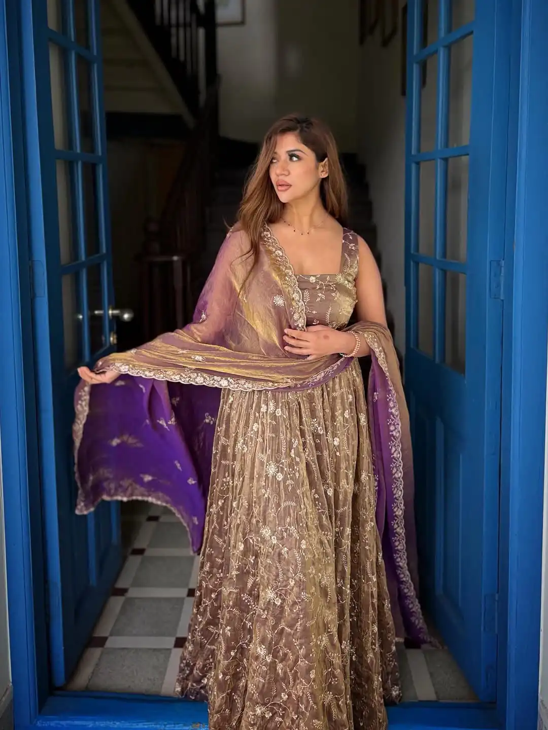 NSR 896 Purple Perfect for Wedding, Party, Makar Sankranti, Raksha Bandhan, Ganesh Chaturthi – Fendy Silk Gown. Festive Deal ₹2149. Delivery 4-6 Working Da | Bollywood Gowns, Creative Gowns, Designer Gowns, Embroidered Gowns, Gowns, Party Wear Gowns