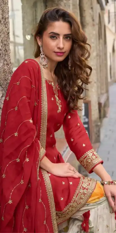 ZC KIARA Red Chinon Silk Salwar Suit with Embroidery Work & Sequins Work. Grab it for ₹2399. Delivery 4-6 Working Days. Shop now. | Jump Suits, Straight Suits, Casual Suits, Creative suits, Designer Suits, Palazzo Suits, Party Wear Suits, Patiala Suits, Salwar suit