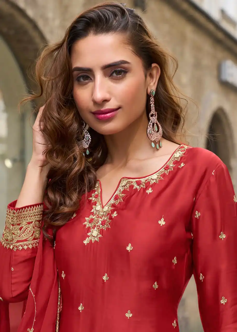 ZC KIARA Red Chinon Silk Salwar Suit with Embroidery Work & Sequins Work. Grab it for ₹2399. Delivery 4-6 Working Days. Shop now. | Jump Suits, Straight Suits, Casual Suits, Creative suits, Designer Suits, Palazzo Suits, Party Wear Suits, Patiala Suits, Salwar suit