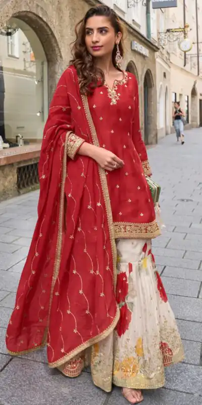 ZC KIARA Red Chinon Silk Salwar Suit with Embroidery Work & Sequins Work. Grab it for ₹2399. Delivery 4-6 Working Days. Shop now. | Jump Suits, Straight Suits, Casual Suits, Creative suits, Designer Suits, Palazzo Suits, Party Wear Suits, Patiala Suits, Salwar suit