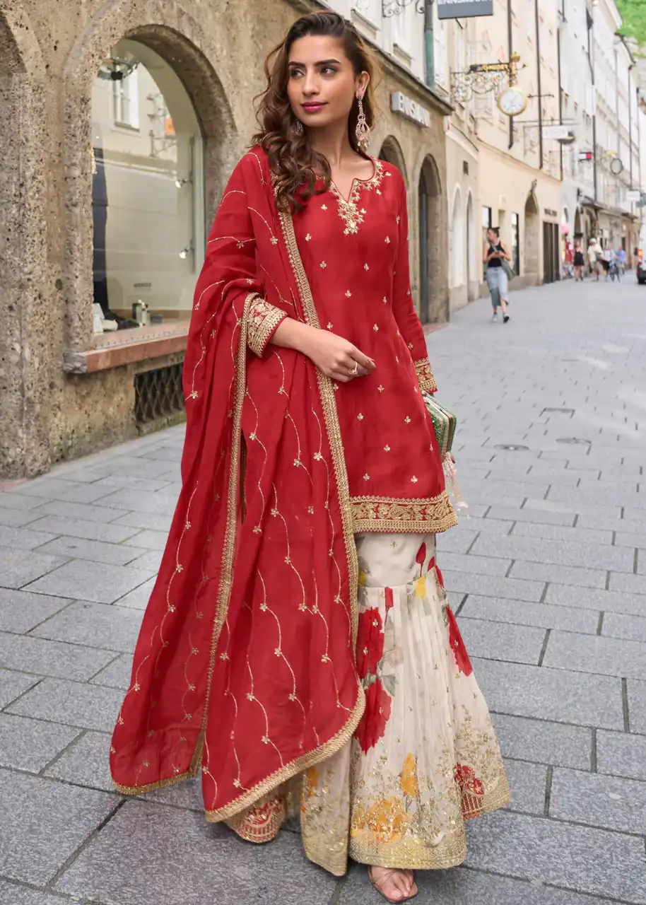 ZC KIARA Red Chinon Silk Salwar Suit with Embroidery Work & Sequins Work. Grab it for ₹2399. Delivery 4-6 Working Days. Shop now. | Jump Suits, Straight Suits, Casual Suits, Creative suits, Designer Suits, Palazzo Suits, Party Wear Suits, Patiala Suits, Salwar suit