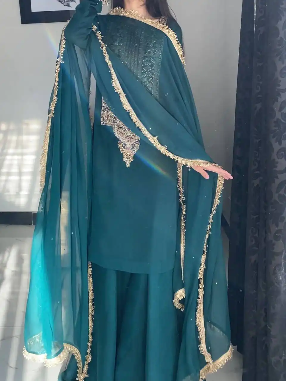 ZC 8021 Teal Fox Georgette Salwar Suit with Embroidery Work & Sequins Work. Exclusive Offer ₹2099. Delivery 4-6 Working Days. Shop now. | Jump Suits, Straight Suits, Casual Suits, Creative suits, Designer Suits, Palazzo Suits, Party Wear Suits, Patiala Suits, Salwar suit