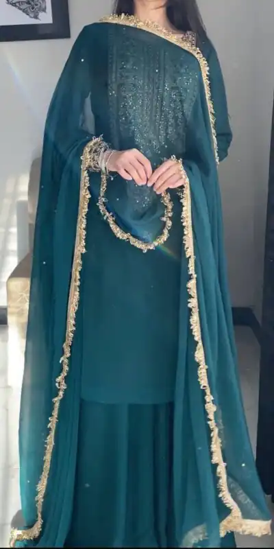 ZC 8021 Teal Fox Georgette Salwar Suit with Embroidery Work & Sequins Work. Exclusive Offer ₹2099. Delivery 4-6 Working Days. Shop now. | Jump Suits, Straight Suits, Casual Suits, Creative suits, Designer Suits, Palazzo Suits, Party Wear Suits, Patiala Suits, Salwar suit