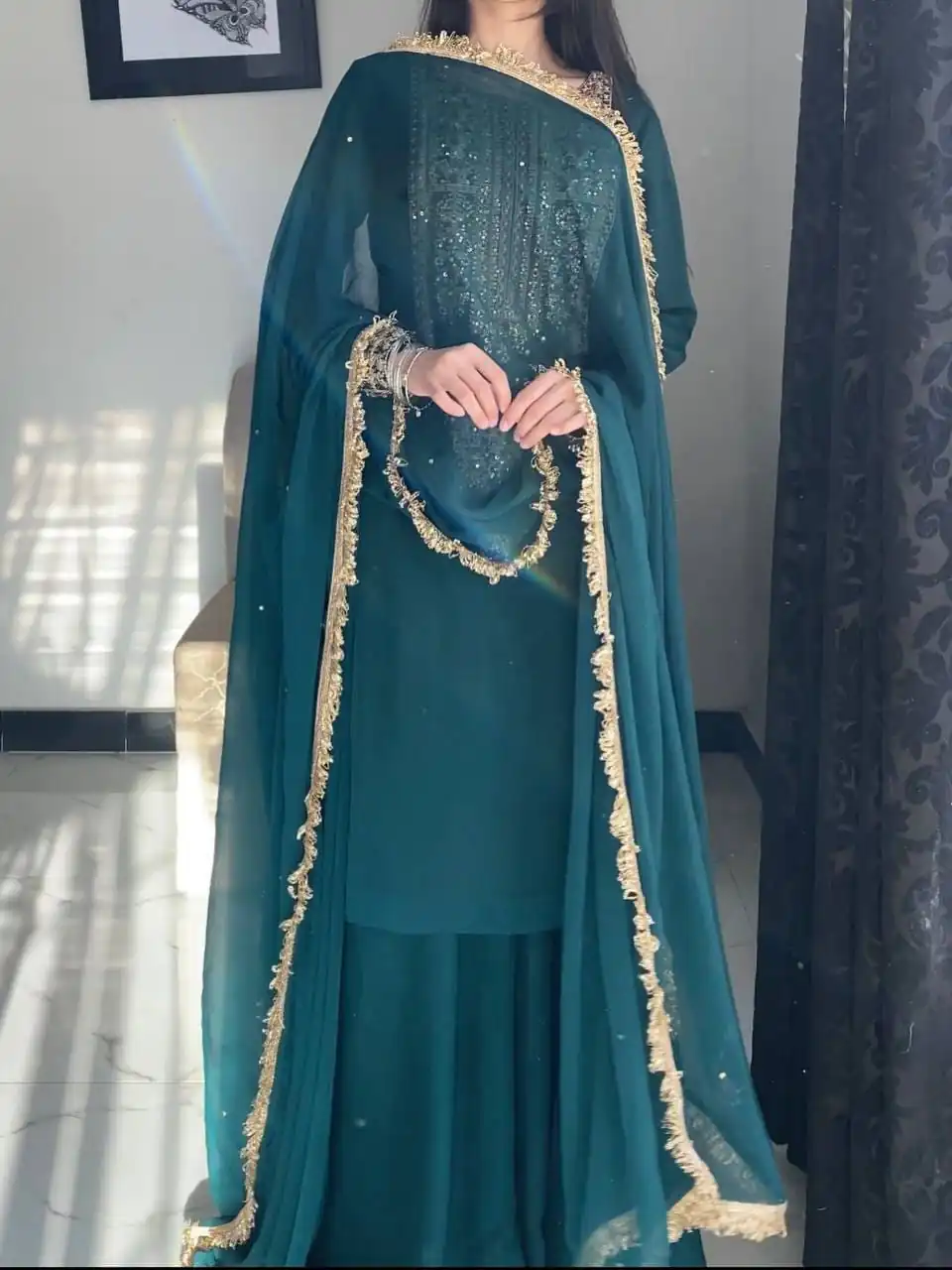 ZC 8021 Teal Fox Georgette Salwar Suit with Embroidery Work & Sequins Work. Exclusive Offer ₹2099. Delivery 4-6 Working Days. Shop now. | Jump Suits, Straight Suits, Casual Suits, Creative suits, Designer Suits, Palazzo Suits, Party Wear Suits, Patiala Suits, Salwar suit
