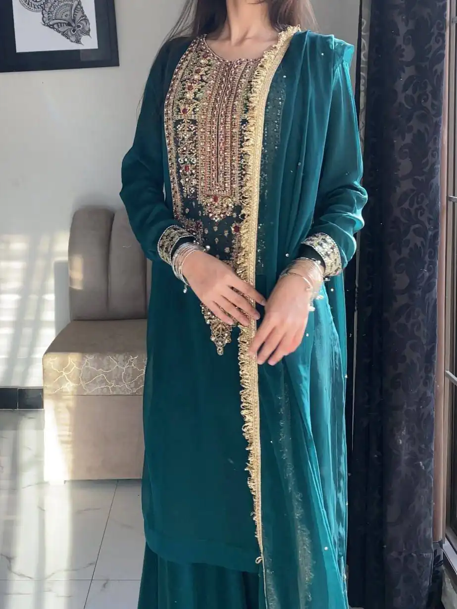 ZC 8021 Teal Fox Georgette Salwar Suit with Embroidery Work & Sequins Work. Exclusive Offer ₹2099. Delivery 4-6 Working Days. Shop now. | Jump Suits, Straight Suits, Casual Suits, Creative suits, Designer Suits, Palazzo Suits, Party Wear Suits, Patiala Suits, Salwar suit