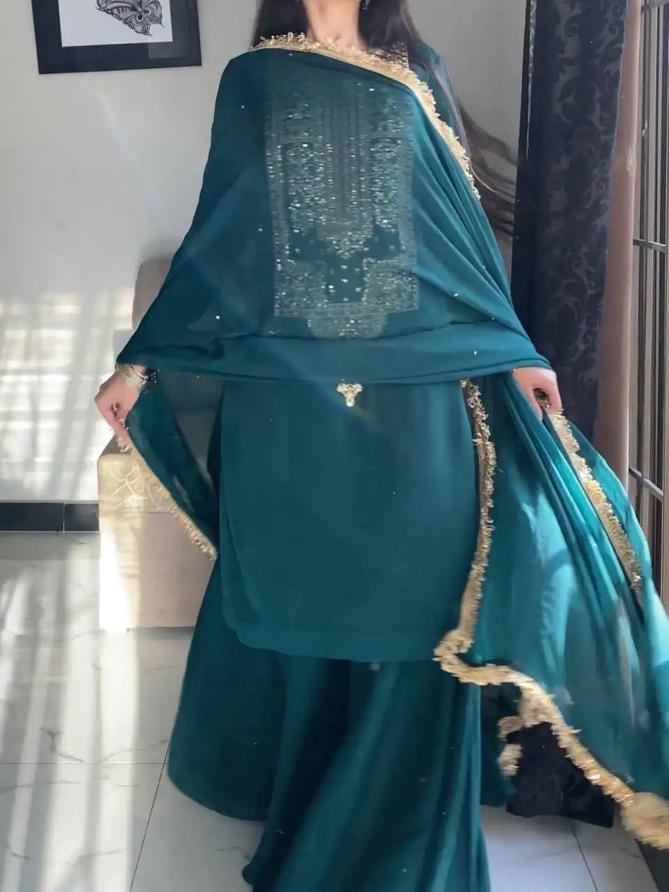 ZC 8021 Teal Fox Georgette Salwar Suit with Embroidery Work & Sequins Work. Exclusive Offer ₹2099. Delivery 4-6 Working Days. Shop now. | Jump Suits, Straight Suits, Casual Suits, Creative suits, Designer Suits, Palazzo Suits, Party Wear Suits, Patiala Suits, Salwar suit