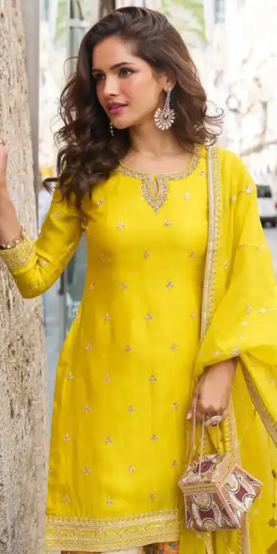 ZC KIARA Yellow Chinon Silk Salwar Suit with Embroidery Work & Sequins Work. Grab it for ₹2399. Delivery 4-6 Working Days. Shop now. | Jump Suits, Straight Suits, Casual Suits, Creative suits, Designer Suits, Palazzo Suits, Party Wear Suits, Patiala Suits, Salwar suit