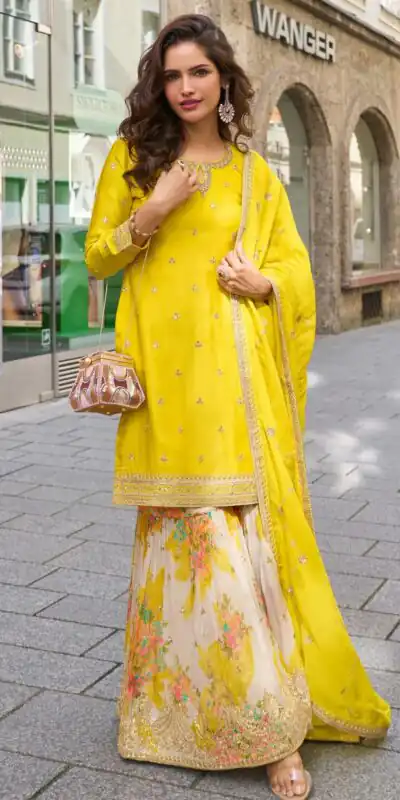 ZC KIARA Yellow Chinon Silk Salwar Suit with Embroidery Work & Sequins Work. Grab it for ₹2399. Delivery 4-6 Working Days. Shop now. | Jump Suits, Straight Suits, Casual Suits, Creative suits, Designer Suits, Palazzo Suits, Party Wear Suits, Patiala Suits, Salwar suit