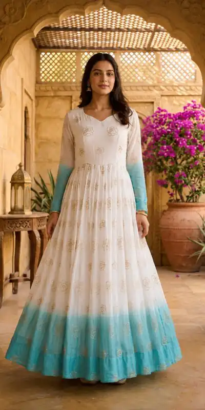 KA 1264 Blue Silver Crunchy Gown Perfect for Wedding, Party, Durga Puja, Ganesh Chaturthi, Family Gatherings – n. Festive Deal ₹1819. Delivery 4-6 Worki | Bollywood Gowns, Creative Gowns, Designer Gowns, Embroidered Gowns, Gowns, Party Wear Gowns