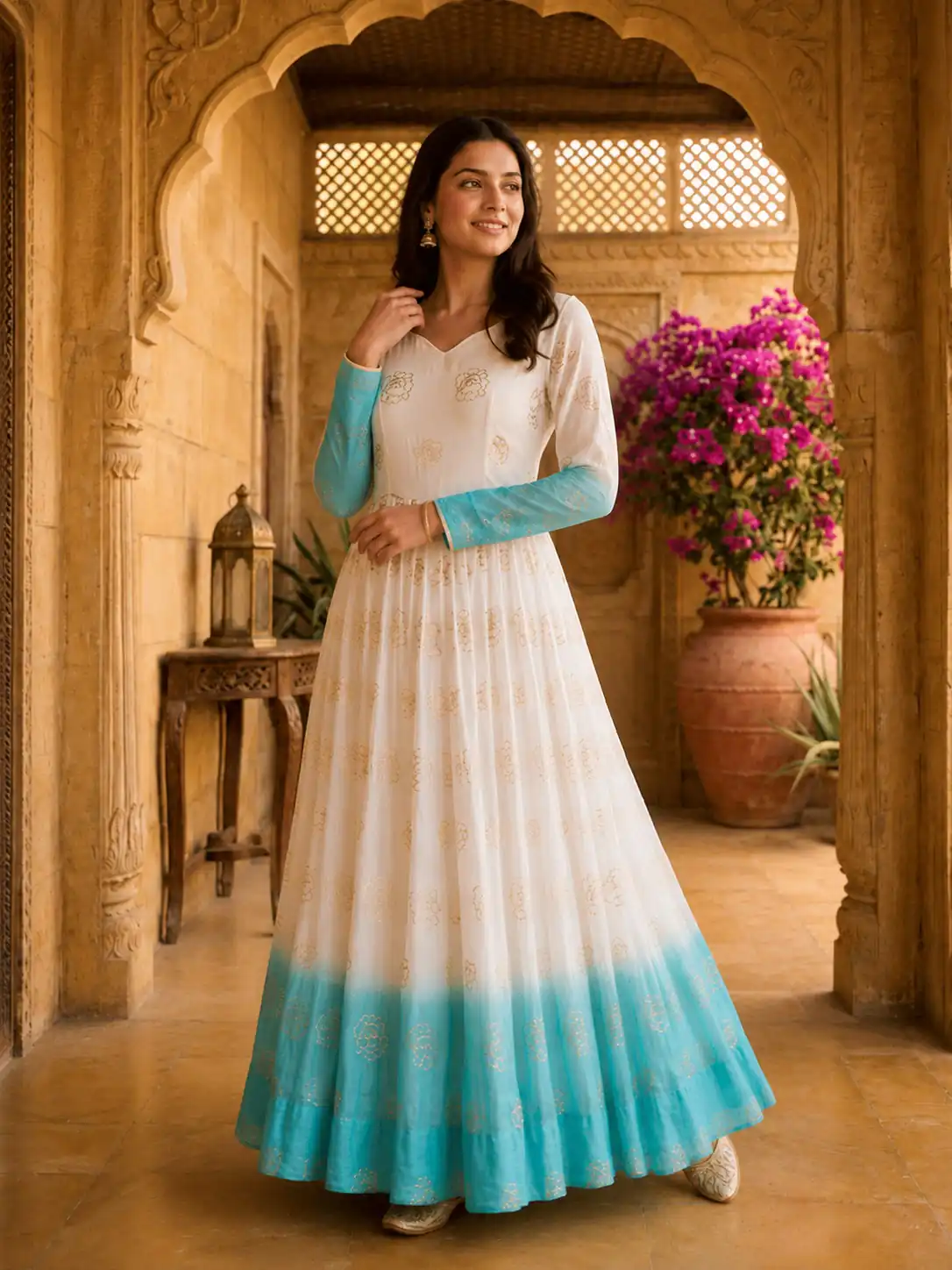 KA 1264 Blue Silver Crunchy Gown Perfect for Wedding, Party, Durga Puja, Ganesh Chaturthi, Family Gatherings – n. Festive Deal ₹1819. Delivery 4-6 Worki | Bollywood Gowns, Creative Gowns, Designer Gowns, Embroidered Gowns, Gowns, Party Wear Gowns