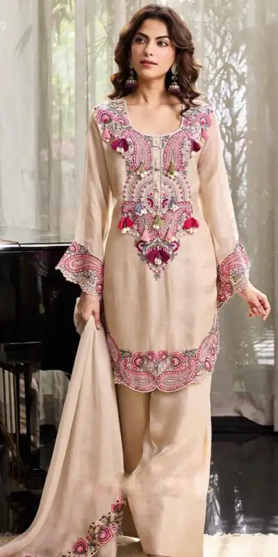 SRK 5348 Cream Color Georgette Mirror Embroidery Work Salwar Suit . Best Price ₹2399. Delivery 4-6 Working Days. Shop now. | Jump Suits, Straight Suits, Casual Suits, Creative suits, Designer Suits, Palazzo Suits, Party Wear Suits, Patiala Suits, Salwar suit