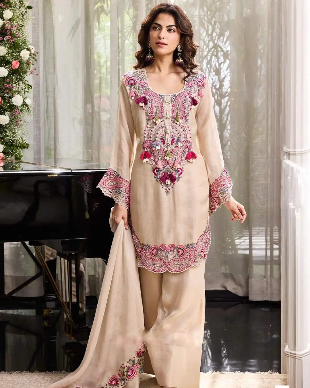 SRK 5348 Cream Color Georgette Mirror Embroidery Work Salwar Suit . Best Price ₹2399. Delivery 4-6 Working Days. Shop now. | Jump Suits, Straight Suits, Casual Suits, Creative suits, Designer Suits, Palazzo Suits, Party Wear Suits, Patiala Suits, Salwar suit