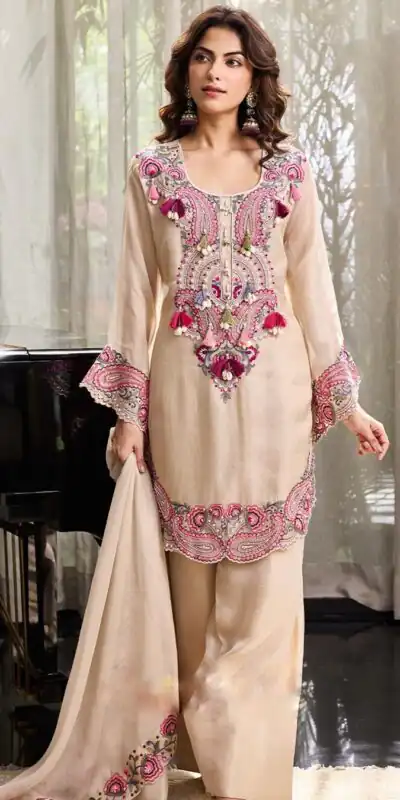 SRK 5348 Cream Color Georgette Mirror Embroidery Work Salwar Suit . Best Price ₹2399. Delivery 4-6 Working Days. Shop now. | Jump Suits, Straight Suits, Casual Suits, Creative suits, Designer Suits, Palazzo Suits, Party Wear Suits, Patiala Suits, Salwar suit
