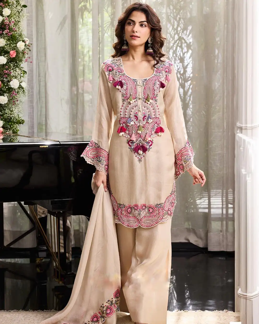 SRK 5348 Cream Color Georgette Mirror Embroidery Work Salwar Suit . Best Price ₹2399. Delivery 4-6 Working Days. Shop now. | Jump Suits, Straight Suits, Casual Suits, Creative suits, Designer Suits, Palazzo Suits, Party Wear Suits, Patiala Suits, Salwar suit