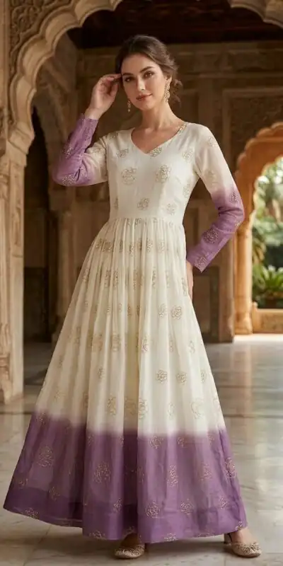 KA 1264 Lavender Silver Crunchy Gown Perfect for Wedding, Party, Durga Puja, Ganesh Chaturthi, Family Gatherings – n. Festive Deal ₹1819. Delivery 4-6 Worki | Bollywood Gowns, Creative Gowns, Designer Gowns, Embroidered Gowns, Gowns, Party Wear Gowns