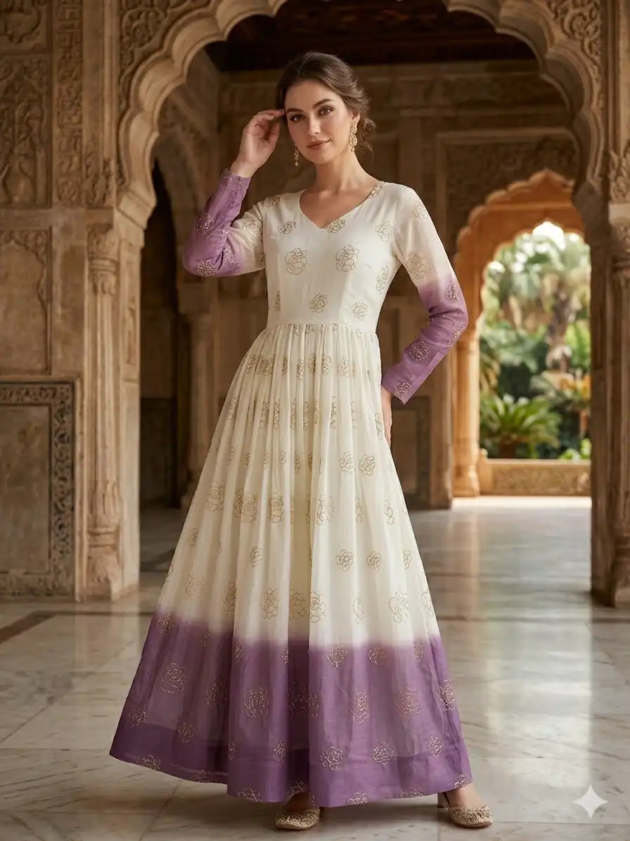 KA 1264 Lavender Silver Crunchy Gown Perfect for Wedding, Party, Durga Puja, Ganesh Chaturthi, Family Gatherings – n. Festive Deal ₹1819. Delivery 4-6 Worki | Bollywood Gowns, Creative Gowns, Designer Gowns, Embroidered Gowns, Gowns, Party Wear Gowns