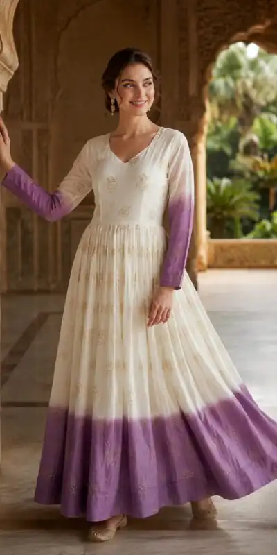 KA 1264 Lavender Silver Crunchy Gown Perfect for Wedding, Party, Durga Puja, Ganesh Chaturthi, Family Gatherings – n. Festive Deal ₹1819. Delivery 4-6 Worki | Bollywood Gowns, Creative Gowns, Designer Gowns, Embroidered Gowns, Gowns, Party Wear Gowns
