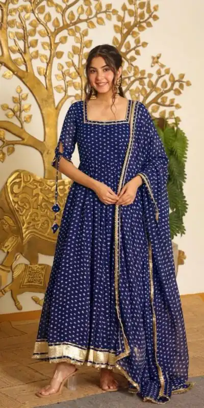 AD 239 Navy Blue in Colour Faux Georgette Bandhani Print Work Gown. Available at ₹1999 only. Delivery 4-6 Working Days. Shop now. | Bollywood Gowns, Creative Gowns, Designer Gowns, Embroidered Gowns, Gowns, Party Wear Gowns