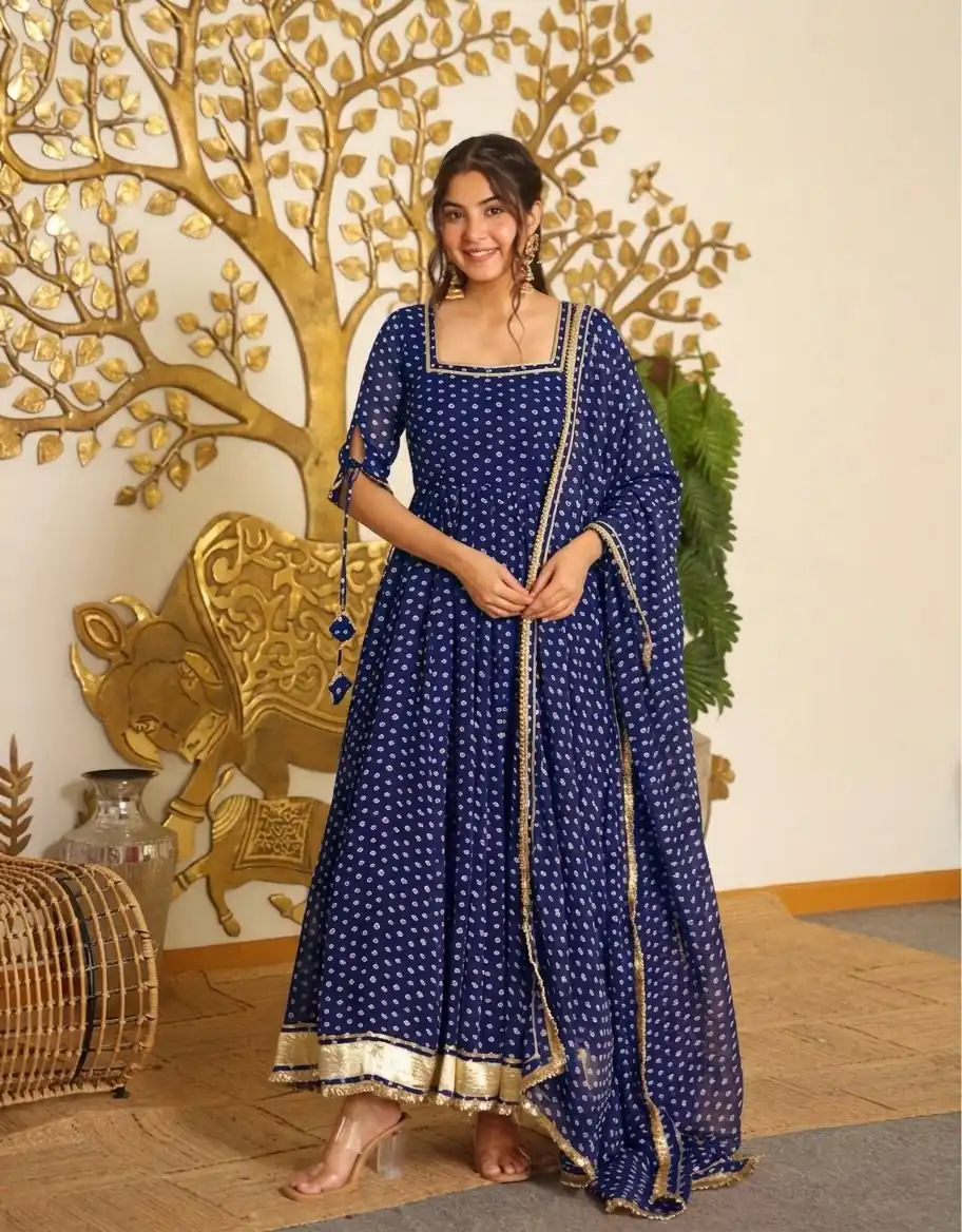 AD 239 Navy Blue in Colour Faux Georgette Bandhani Print Work Gown. Available at ₹1999 only. Delivery 4-6 Working Days. Shop now. | Bollywood Gowns, Creative Gowns, Designer Gowns, Embroidered Gowns, Gowns, Party Wear Gowns