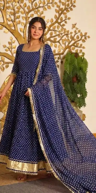 AD 239 Navy Blue in Colour Faux Georgette Bandhani Print Work Gown. Available at ₹1999 only. Delivery 4-6 Working Days. Shop now. | Bollywood Gowns, Creative Gowns, Designer Gowns, Embroidered Gowns, Gowns, Party Wear Gowns