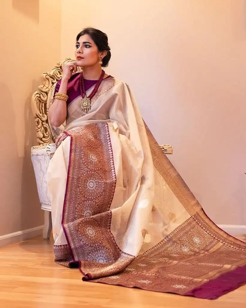 KPR 284 Off White Soft Lichi Silk Saree with Lace Work & Lace Border. Introductory Price ₹1549. Delivery 4-6 Working Days. Shop now. | Bollywood Sarees, Creative Sarees, Designer Sarees, Embroidered Sarees, Ethnic Saree, Modern Digital sarees, Party Wear Sarees, Sarees