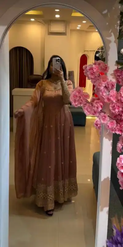ZB 5069 Pink Gold Crazy Gown Perfect for Wedding, Party, Mehendi, Anniversary, Onam – . Grab it for ₹2099. Delivery 4-6 Working Days. Shop now. | Bollywood Gowns, Creative Gowns, Designer Gowns, Embroidered Gowns, Gowns, Party Wear Gowns