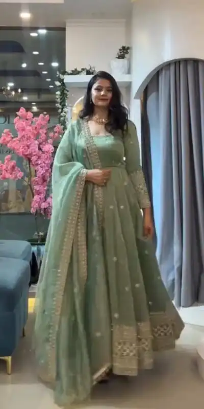 ZB 5069 Pista Gold Crazy Gown Perfect for Wedding, Party, Mehendi, Anniversary, Onam – . Grab it for ₹2099. Delivery 4-6 Working Days. Shop now. | Bollywood Gowns, Creative Gowns, Designer Gowns, Embroidered Gowns, Gowns, Party Wear Gowns