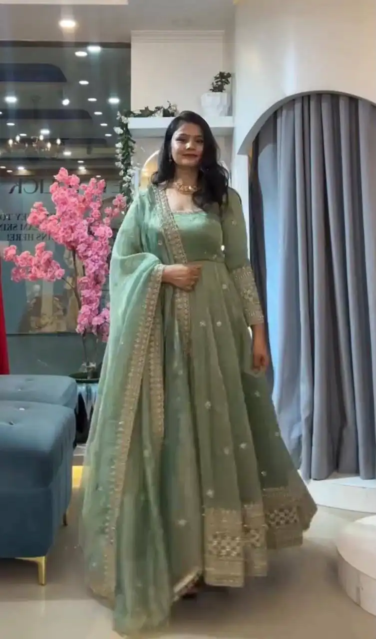 ZB 5069 Pista Gold Crazy Gown Perfect for Wedding, Party, Mehendi, Anniversary, Onam – . Grab it for ₹2099. Delivery 4-6 Working Days. Shop now. | Bollywood Gowns, Creative Gowns, Designer Gowns, Embroidered Gowns, Gowns, Party Wear Gowns