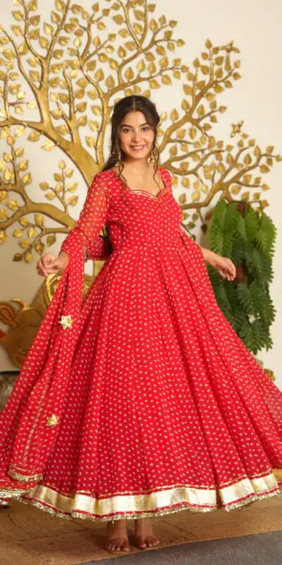 AD 239 Red in Colour Faux Georgette Bandhani Print Work Gown. Available at ₹1999 only. Delivery 4-6 Working Days. Shop now. | Bollywood Gowns, Creative Gowns, Designer Gowns, Embroidered Gowns, Gowns, Party Wear Gowns