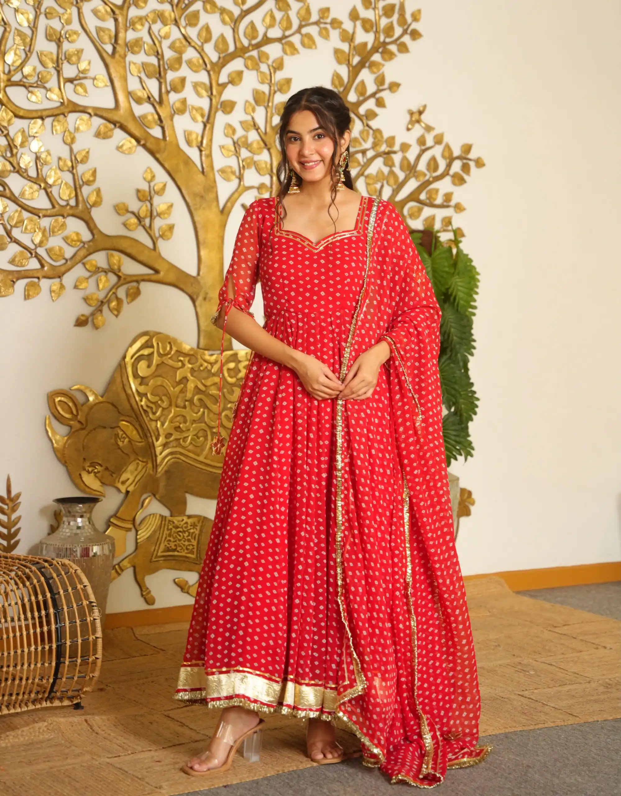 AD 239 Red in Colour Faux Georgette Bandhani Print Work Gown. Available at ₹1999 only. Delivery 4-6 Working Days. Shop now. | Bollywood Gowns, Creative Gowns, Designer Gowns, Embroidered Gowns, Gowns, Party Wear Gowns