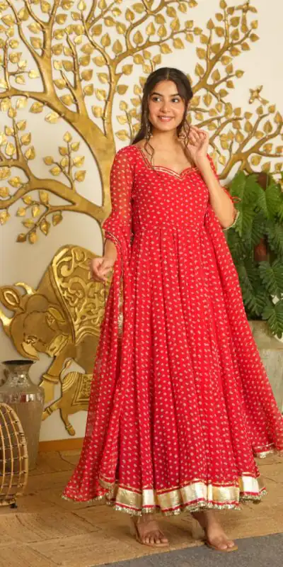 AD 239 Red in Colour Faux Georgette Bandhani Print Work Gown. Available at ₹1999 only. Delivery 4-6 Working Days. Shop now. | Bollywood Gowns, Creative Gowns, Designer Gowns, Embroidered Gowns, Gowns, Party Wear Gowns