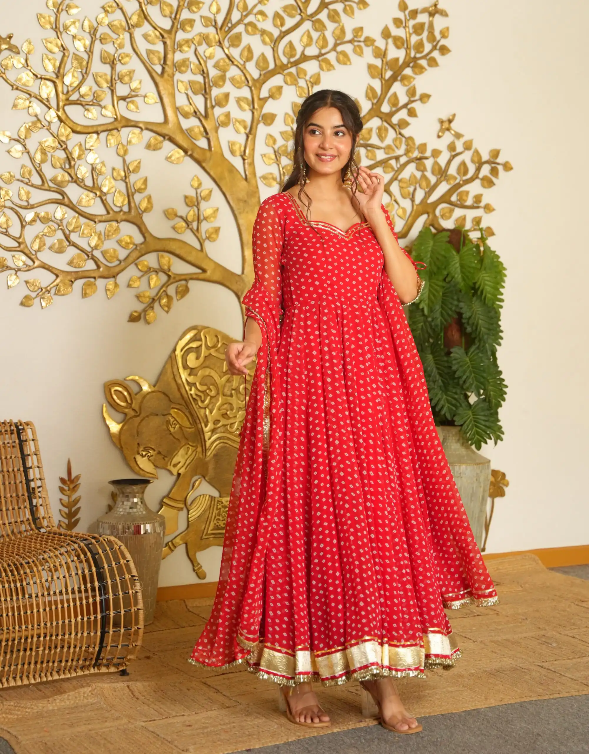 AD 239 Red in Colour Faux Georgette Bandhani Print Work Gown. Available at ₹1999 only. Delivery 4-6 Working Days. Shop now. | Bollywood Gowns, Creative Gowns, Designer Gowns, Embroidered Gowns, Gowns, Party Wear Gowns