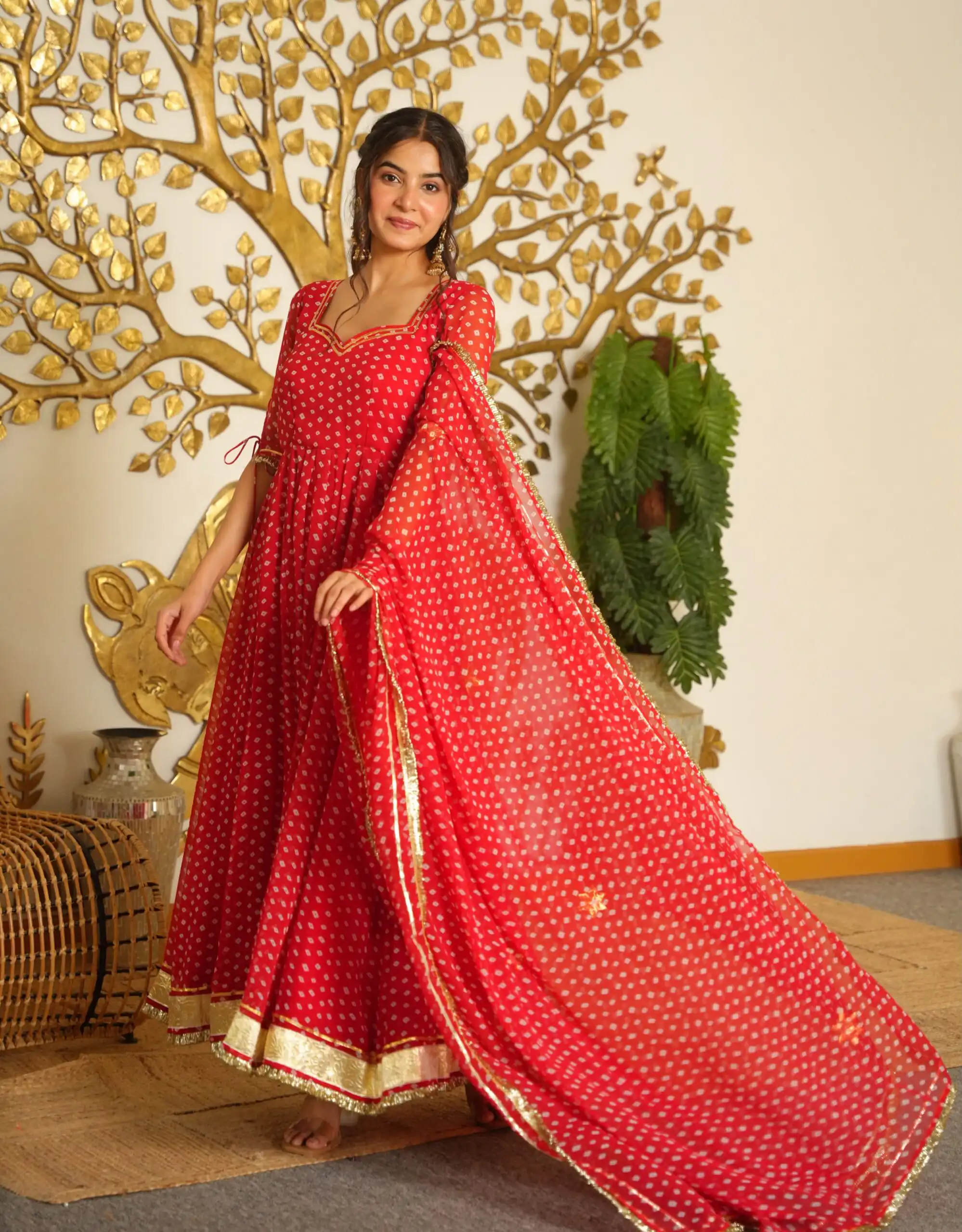 AD 239 Red in Colour Faux Georgette Bandhani Print Work Gown. Available at ₹1999 only. Delivery 4-6 Working Days. Shop now. | Bollywood Gowns, Creative Gowns, Designer Gowns, Embroidered Gowns, Gowns, Party Wear Gowns