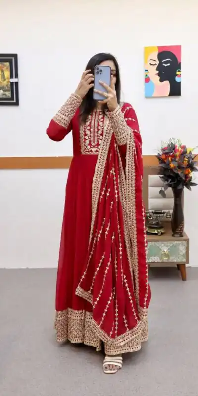 ZC 8957 Red Perfect for Wedding, Party, Lohri, Haldi, Ethnic Day – . Available at ₹999 only. Delivery 4-6 Working Days. Shop now. | Bollywood Gowns, Creative Gowns, Designer Gowns, Embroidered Gowns, Gowns, Party Wear Gowns