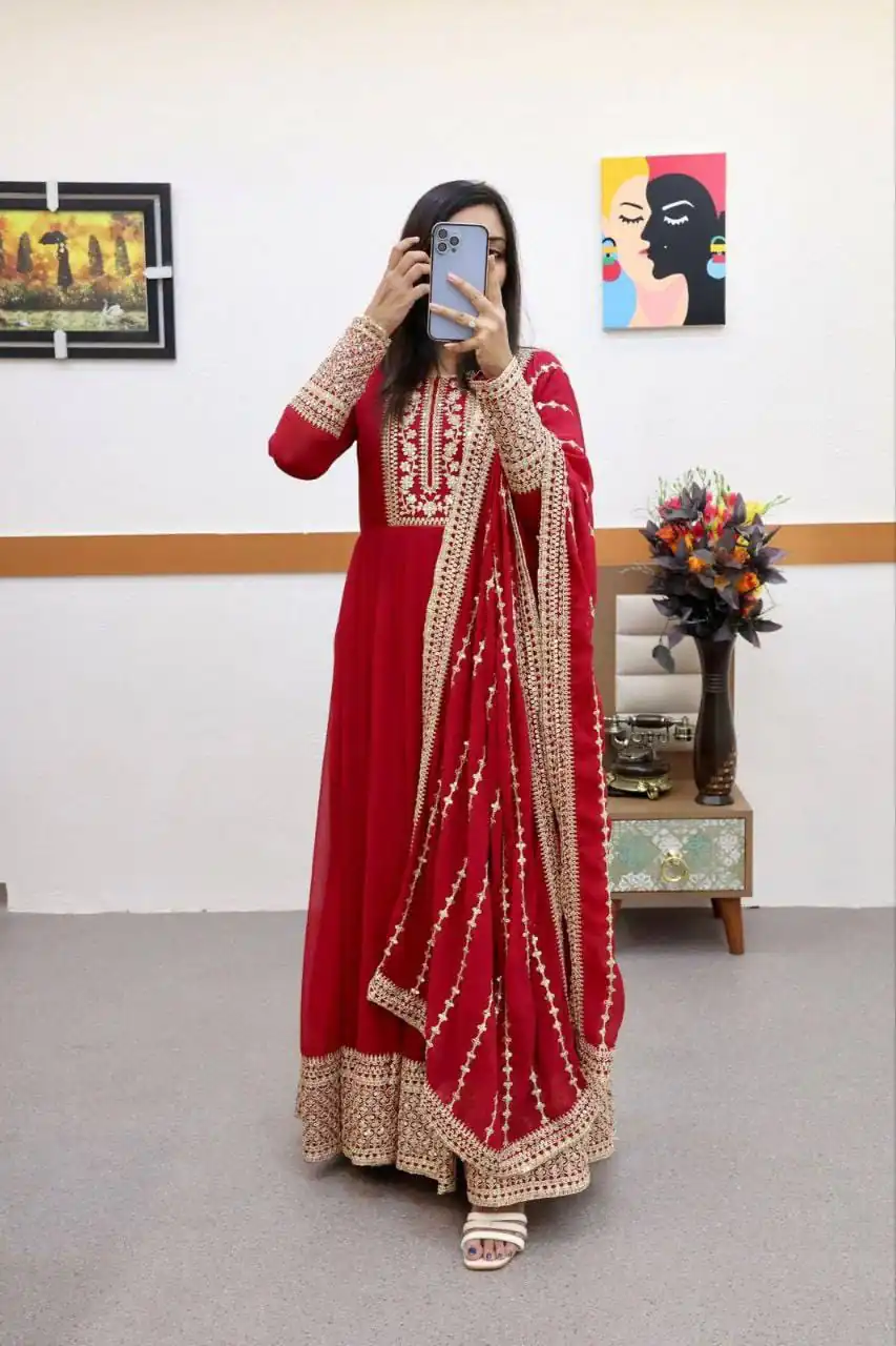 ZC 8957 Red Perfect for Wedding, Party, Lohri, Haldi, Ethnic Day – . Available at ₹999 only. Delivery 4-6 Working Days. Shop now. | Bollywood Gowns, Creative Gowns, Designer Gowns, Embroidered Gowns, Gowns, Party Wear Gowns