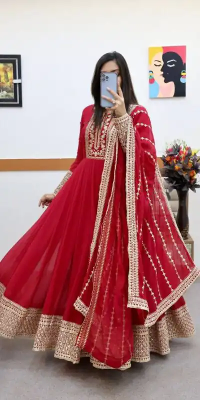 ZC 8957 Red Perfect for Wedding, Party, Lohri, Haldi, Ethnic Day – . Available at ₹999 only. Delivery 4-6 Working Days. Shop now. | Bollywood Gowns, Creative Gowns, Designer Gowns, Embroidered Gowns, Gowns, Party Wear Gowns
