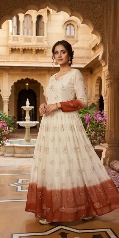 KA 1264 Rust Silver Crunchy Gown Perfect for Wedding, Party, Durga Puja, Ganesh Chaturthi, Family Gatherings – n. Festive Deal ₹1819. Delivery 4-6 Worki | Bollywood Gowns, Creative Gowns, Designer Gowns, Embroidered Gowns, Gowns, Party Wear Gowns