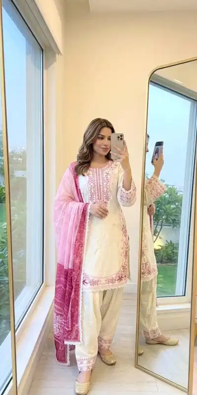 AD 233 White in White Satin Rayon Digital Print & Embroidery Work Salwar Suit . Festive Deal ₹2449. Delivery 4-6 Working Days. Shop now. | Jump Suits, Straight Suits, Casual Suits, Creative suits, Designer Suits, Palazzo Suits, Party Wear Suits, Patiala Suits, Salwar suit