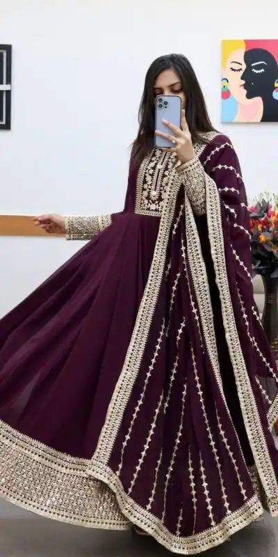 ZC 8957 Wine Perfect for Wedding, Party, Lohri, Haldi, Ethnic Day – . Available at ₹999 only. Delivery 4-6 Working Days. Shop now. | Bollywood Gowns, Creative Gowns, Designer Gowns, Embroidered Gowns, Gowns, Party Wear Gowns
