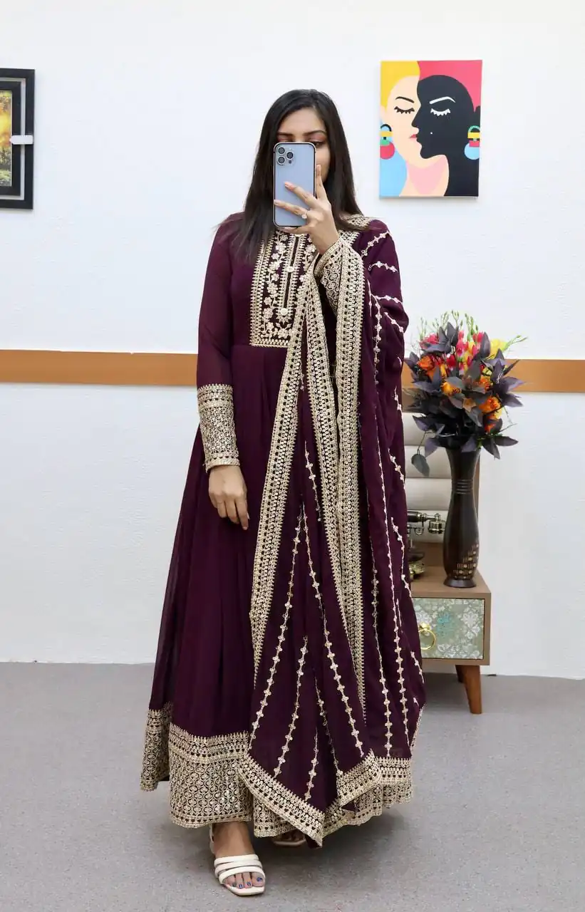 ZC 8957 Wine Perfect for Wedding, Party, Lohri, Haldi, Ethnic Day – . Available at ₹999 only. Delivery 4-6 Working Days. Shop now. | Bollywood Gowns, Creative Gowns, Designer Gowns, Embroidered Gowns, Gowns, Party Wear Gowns