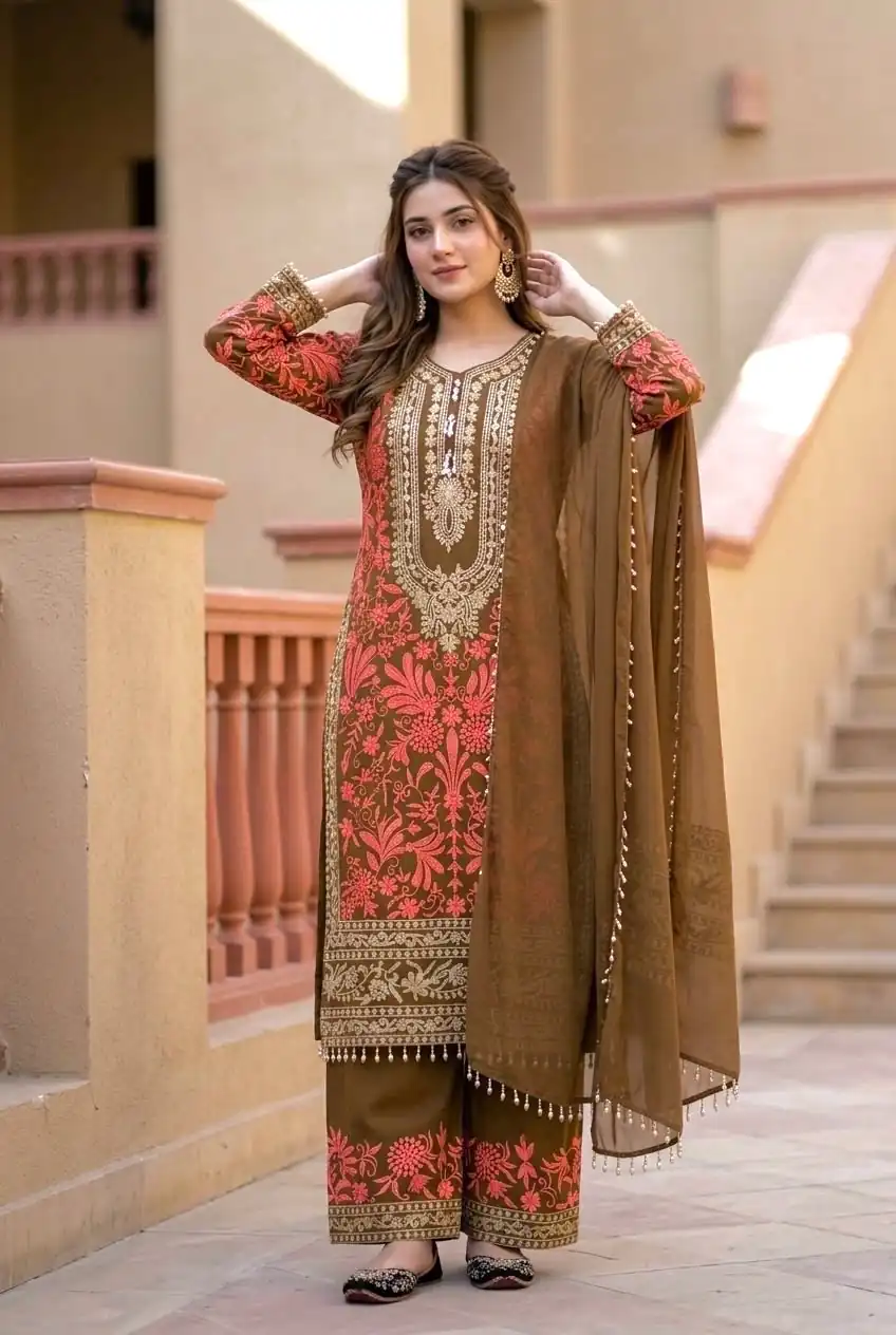 KF 1729 Brown Diamond Georgette Salwar Suit with Sequins Work & Embroidery Work. Introductory Price ₹2399. Delivery 4-6 Working Days. Shop now. | Jump Suits, Straight Suits, Casual Suits, Creative suits, Designer Suits, Palazzo Suits, Party Wear Suits, Patiala Suits, Salwar suit